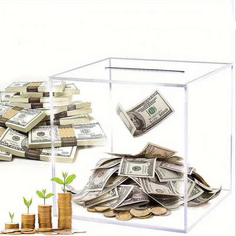 Square Transparent Acrylic Piggy Bank Clear Hard Plastic Coin Bank Money Box Cash Collector Container One-Way Saving piggy bank,coin bank