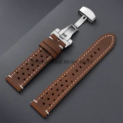 Premium Leather Watchband with Butterfly Buckle - Universal Size Range Bracelet - 22mm (Brown White)