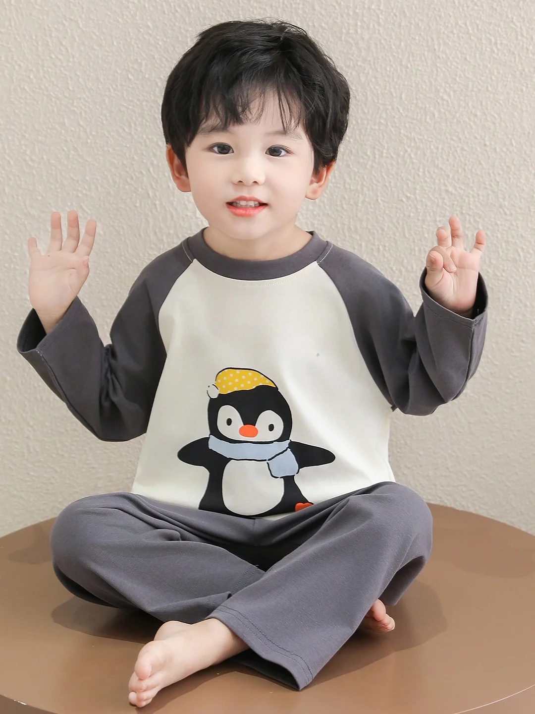 소년용 면 잠옷 펭귄 에어컨 슈트 홈웨어 봄 가을 신상 옷 동 홈슈트