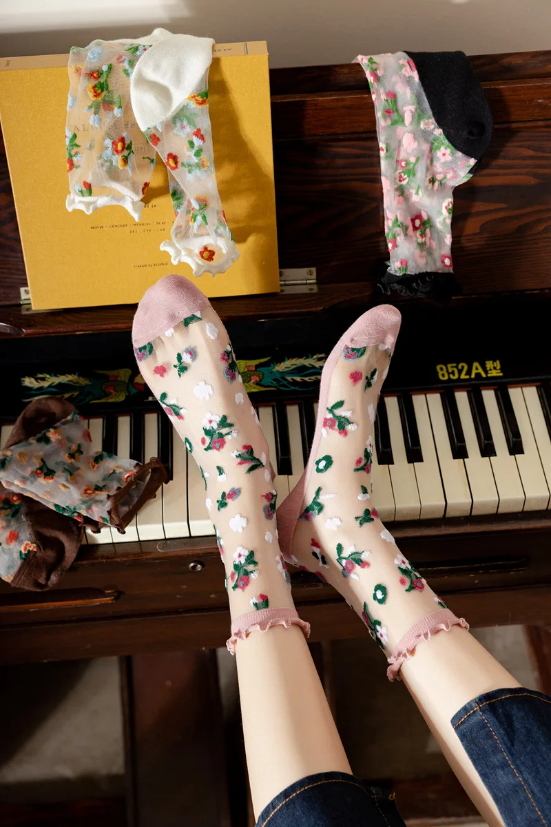 Floral Embroidery Crystal Silk Socks Summer Ultra-thin Transparent Vintage Lace Socks Women Sweet Girls Kawaii Cute Ruffle Socks
