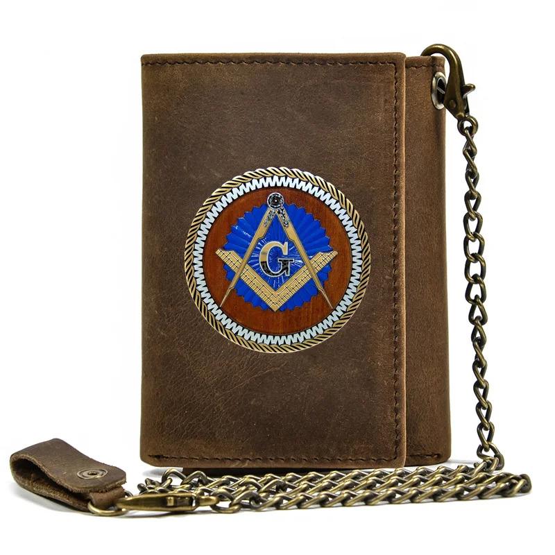 Luxury Men Genuine Leather Wallet With Iron Chain Anti Theft Vintage Masonic Logo Theme Printing Card Holder Short Purse BT3488