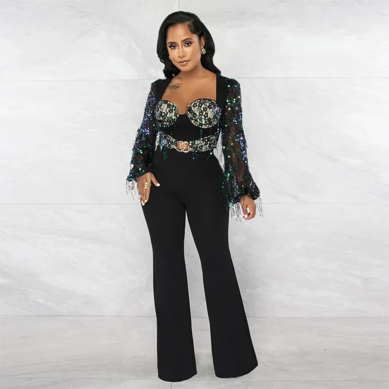 

WUHE Sequined Tassels Sweetheart Collar Wide Leg Mesh Long Sleeve Stretch Women Jumpsuit 2023 Sexy Club Party Evening Playsuit