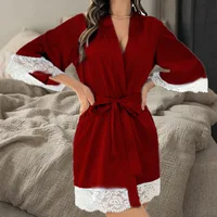 Nouvelle Robe de Nuit Élégante en Satin pour Femme 2025, Kimono Court avec Dentelle, Col en V, Ceinturé, Vêtement de Nuit de Mariée, Cadeau pour Demoiselle d'Honneur 6