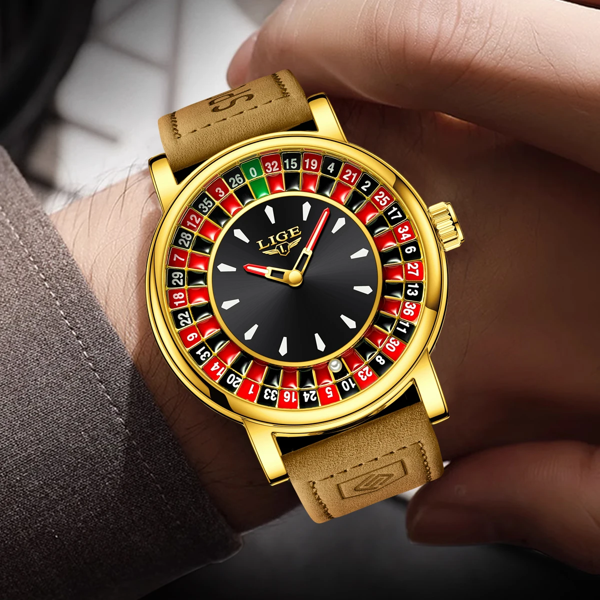 Elegant Men's Watch with Brown Leather Strap and Rotating Dial, Waterproof and Luminous
