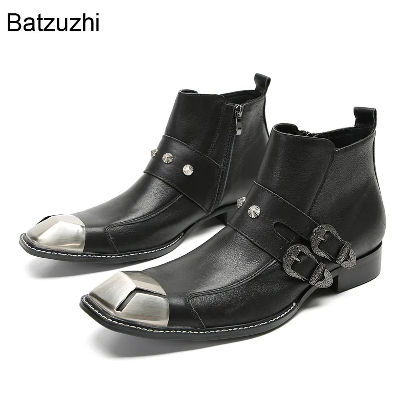 

Batzuzhi Black Genuine Leather Boots Men Short Ankle Metal Toe Buckles Formal Leather Knight Business Botas Hombre! Sizes US6-12