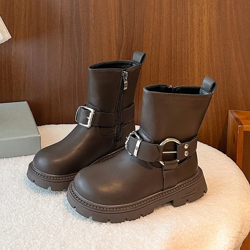 Children Leather Boots Suede Warm Kids Fashion Boots Korean Style Versatile 2025 Autumn Winter Girls Princess Boots Round Toes