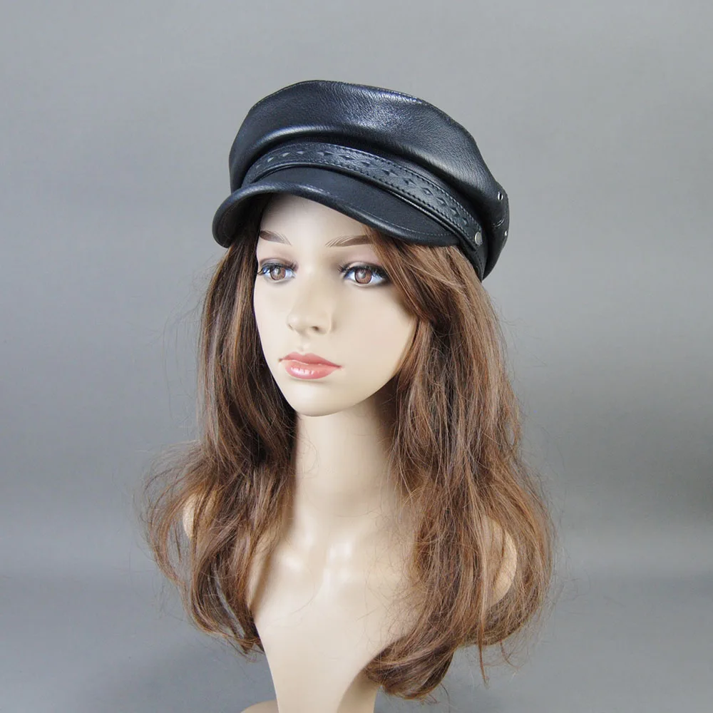 Winter Genuine Ladies 100% Cowhide Leather Baseball Women's Flat Cap Warm Army Military British Vintage Patrol Cadet Elegant Hat 4