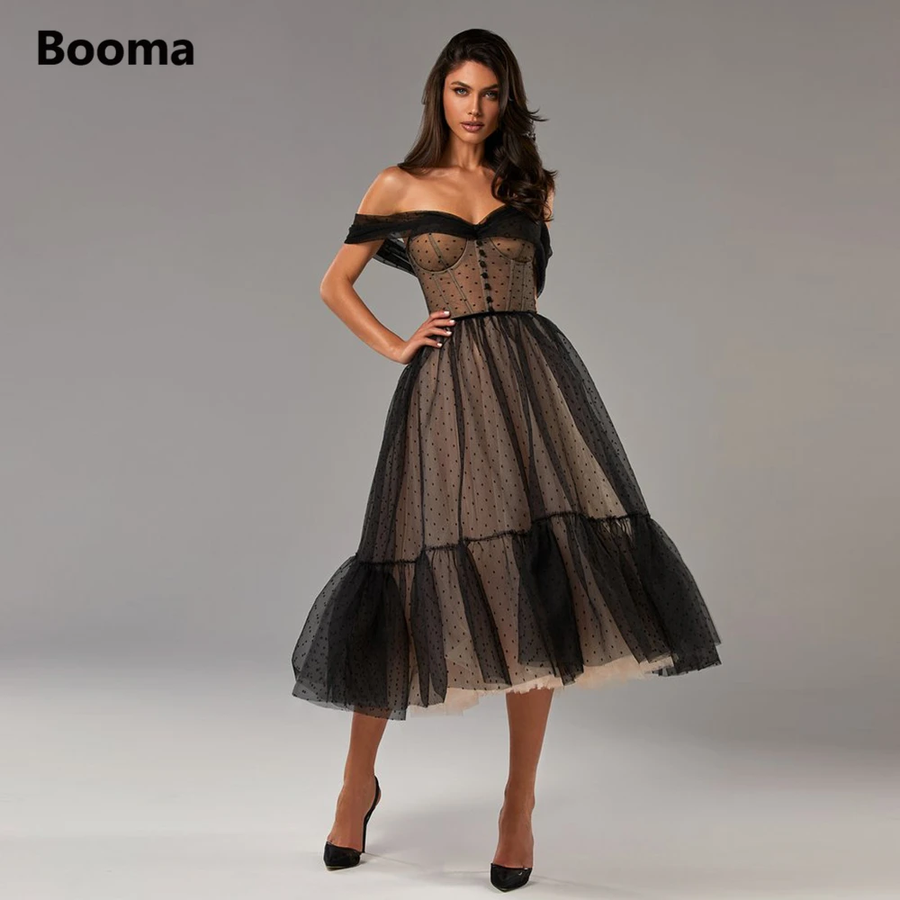 green ball gown Booma Black Polka Dots Tulle Midi Prom Dresses Off the Shoulder Tea-Length A-Line Evening Party Gowns Lace Up Formal Dresses plus size prom dresses Prom Dresses
