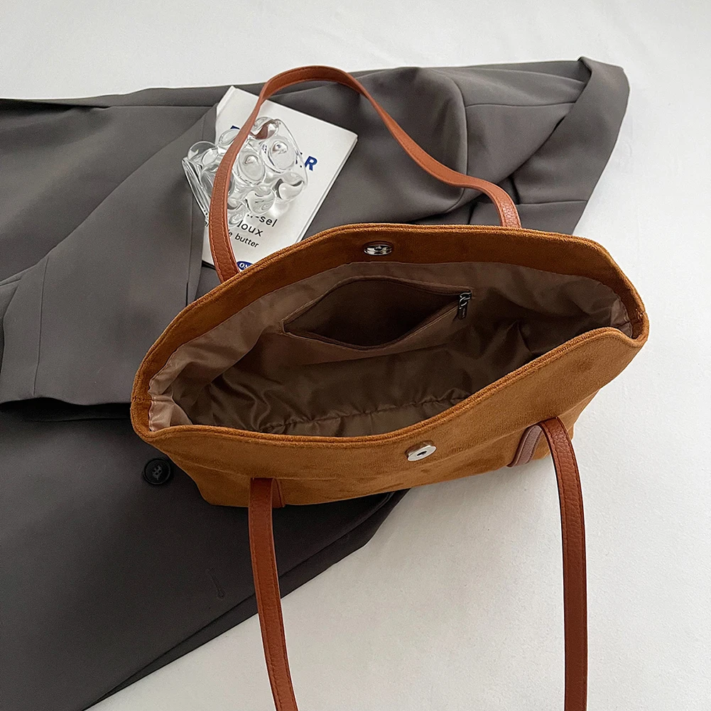 Women Suede Shoulder Bag with Inner Pocket Retro Handbag Large Capacity Satchel Bag Solid Clutch Purse for Work Travel