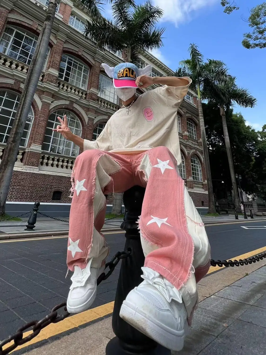 

Pink Patch Star Stitching Color Design Women High Waist Jeans Vintage High Street Wide Leg Loose Straight Pants Jeans Men Women