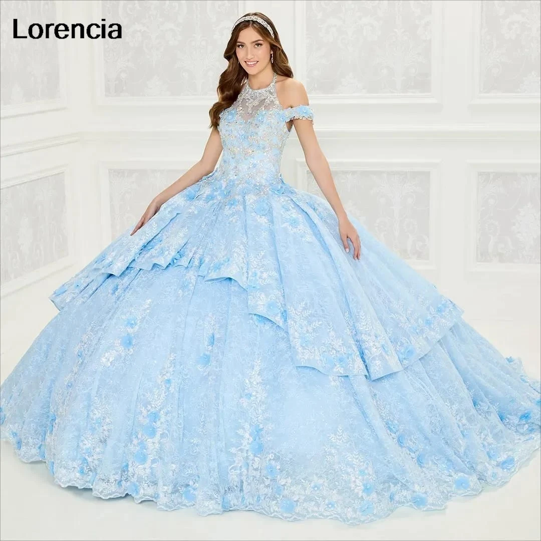 

Lorencia Blue Lavender Quinceanera Dress Ball Gown Halter Lace Applique Beaded Layers Corset Sweet 16 Vestidos De 15 Años YQD665