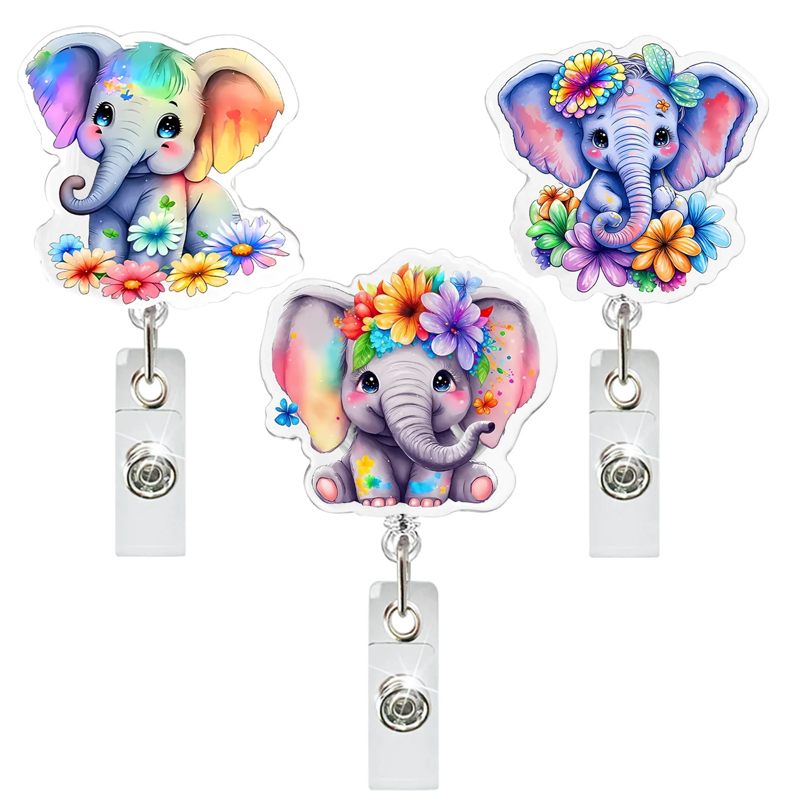 

New Glitter Colorful Elephant Badge Reel Retractable ID Badge Holder With 360 Rotating Alligator Clip Name Holder