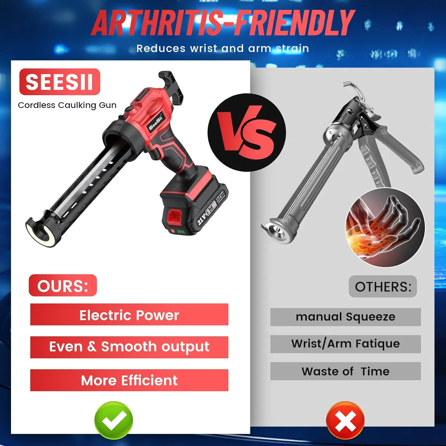 Cordless Caulking Gun[2024 Upgraded], 21V Battery Powered Caulk Gun w/2 x 2.0AH Batteries, Electric Caulking Gun w/LED Li 3