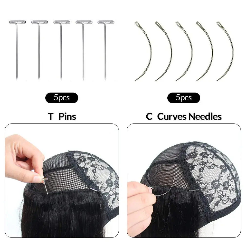 Lace hair net wig hat & Wig Accessories Set, Hair Extensions Wig Clips Metal Snap Clips 5 Curved Needles 5 T-Pins