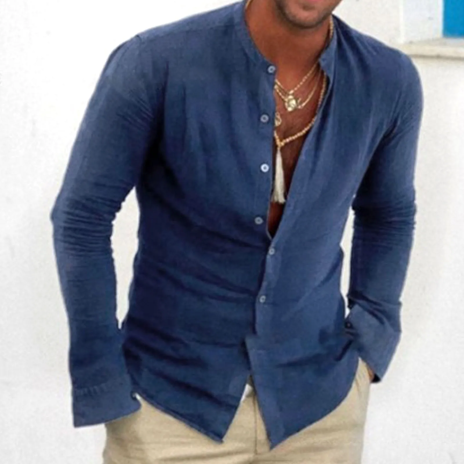 

Men Long Sleeve Shirts Cotton Linen Standing Collar Solid Color Loose Cardigan Oversize Beach Style Summer Breathable Shirt Male