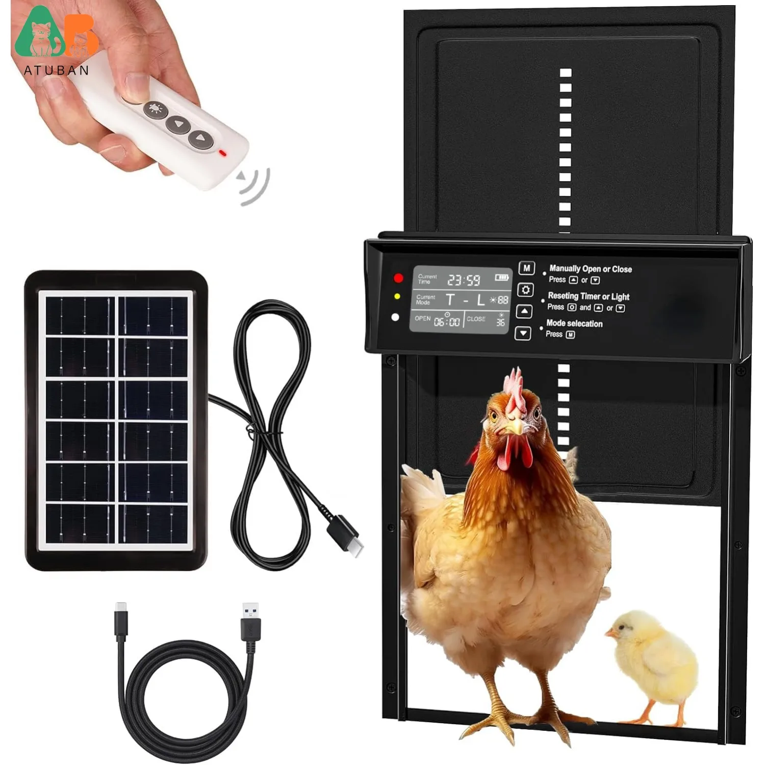 

Automatic Chicken Coop Door Solar Powered,Atuban Chicken Door with Timer, Aluminum Alloy Chicken Door with Remote Control & IP45