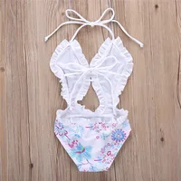 1-6years Kids Girls Swimwear Bodysuit Floral Printed Sleeveless Backless Bandage Ruffled One_piece Swimsuit For Infant Girls 2
