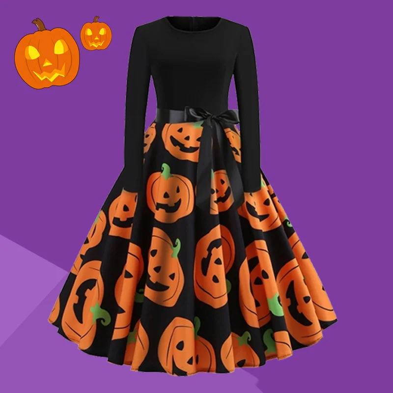 Women Halloween Pumpkin Fancy Dress Long Sleeve Knee Length Princess