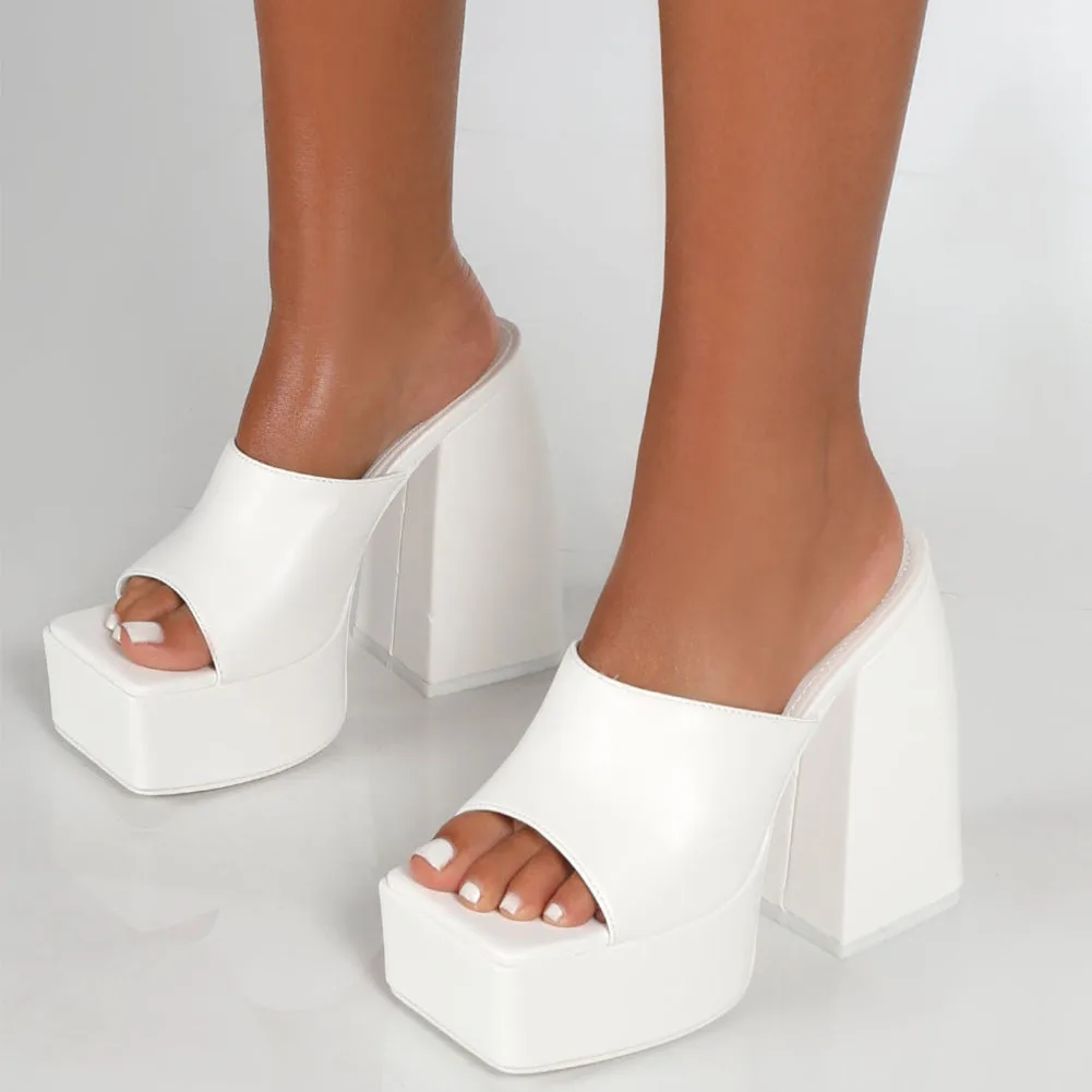 GIGIFOX Brand New Big Size 43 Summer White Chunky Heeled Mules High Heels Sexy Party Platform Heel Sandals Shoes For Women 2022