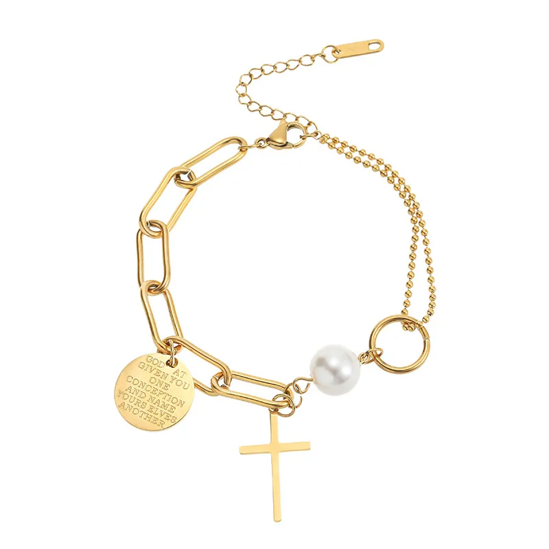 DIEYURO 316L Stainless Steel Gold Color Multilayer Cross Charm Bracelet For Women New Punk Street Heart Wrist Jewelry Gift