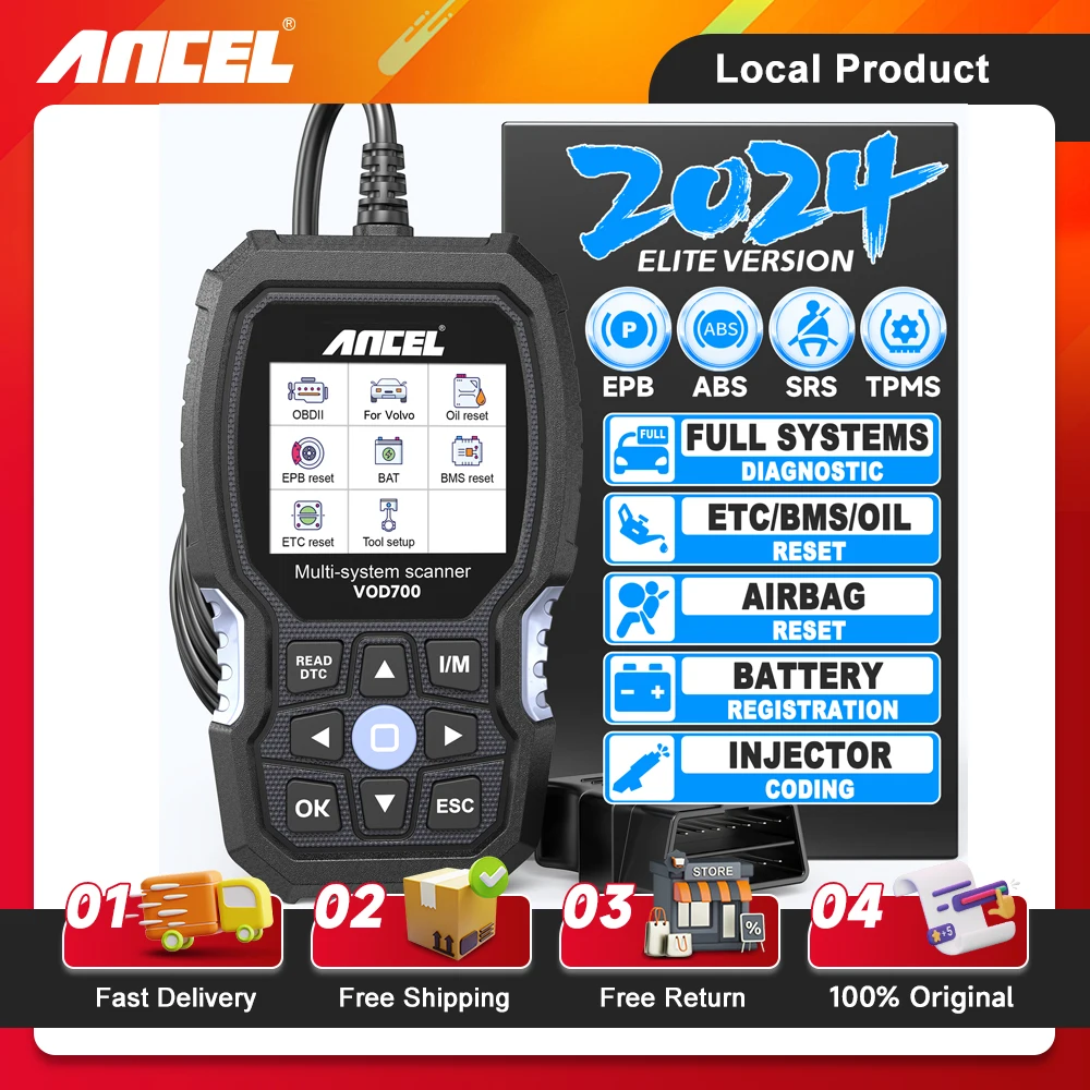 Escáner OBD2 de todos los sistemas ANCEL VOD700, compatible con lector de código de coche Volvo, inyector de purga ABS, reinicio de aceite, herramienta de escaneo de diagnóstico OBD2