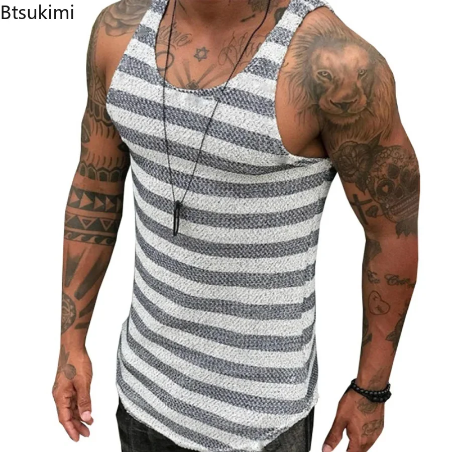 2024 Men's Summer Casual Kniited Tank Top Sexy Stripe Mens Summer Clothing Fashion Splice Transparent Vest Mens Sleeveless Tops