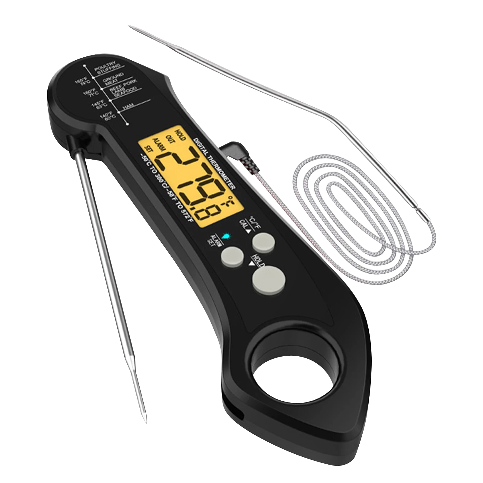 

For Cooking With External Probe Alarm Hanging Hole Foldable Wireless Meat Thermometer BBQ Deep Frying Grilling Fast Read Kitchen