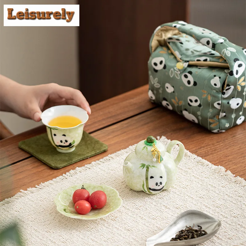 Hand-painted Panda Travel Tea Set Kit Luxury 1 Pot 1 Cups Tea Maker Organizer Portable Camping Tote Bag Supplies Ornaments Craft