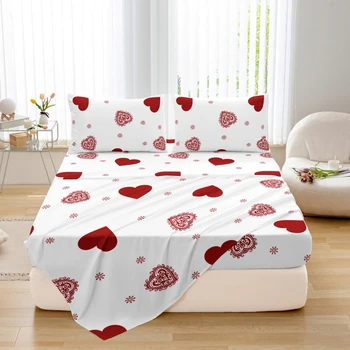 Ensemble de taies d'oreiller auvent de lit imprimé cœur pour la saint-valentin, 3 pièces, thème d'amour romantique, drap-housse au Design cœur rouge adapté aux filles 1