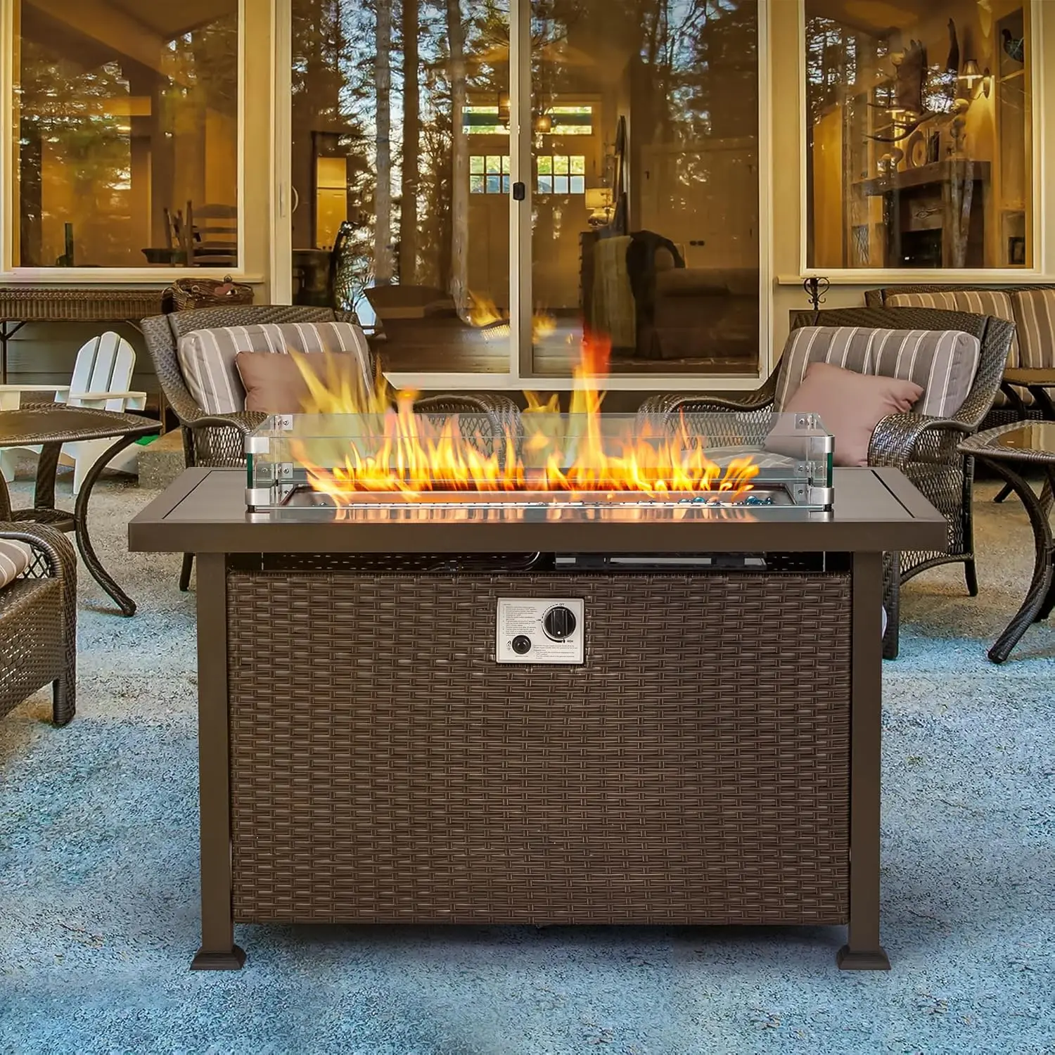 HOMREST 44in Outdoor Propane Gas Fire Pit Table, 50,000 BTU Auto-Ignition Gas Firepit with Glass Wind Guard, Black Tempered