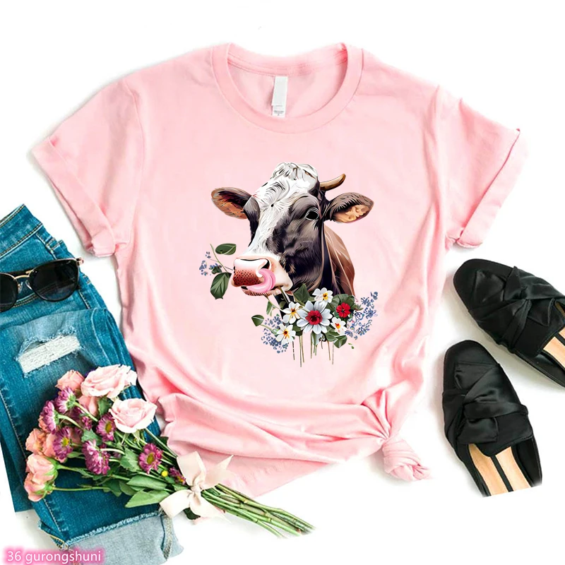 

Tee Shirt Femme Funny Cow Animal Print Women T-Shirts Fashion Aesthetic Women'S Short Sleeved O-Neck Shirt Tops Streetwear