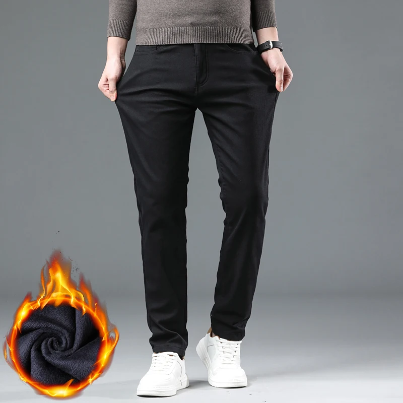Winter New 2025 Fleece Pants Men's Thick Slim Elastic Business Casual Velvet Pants Warm Fashion Solid Color Plush Trousers Male 4