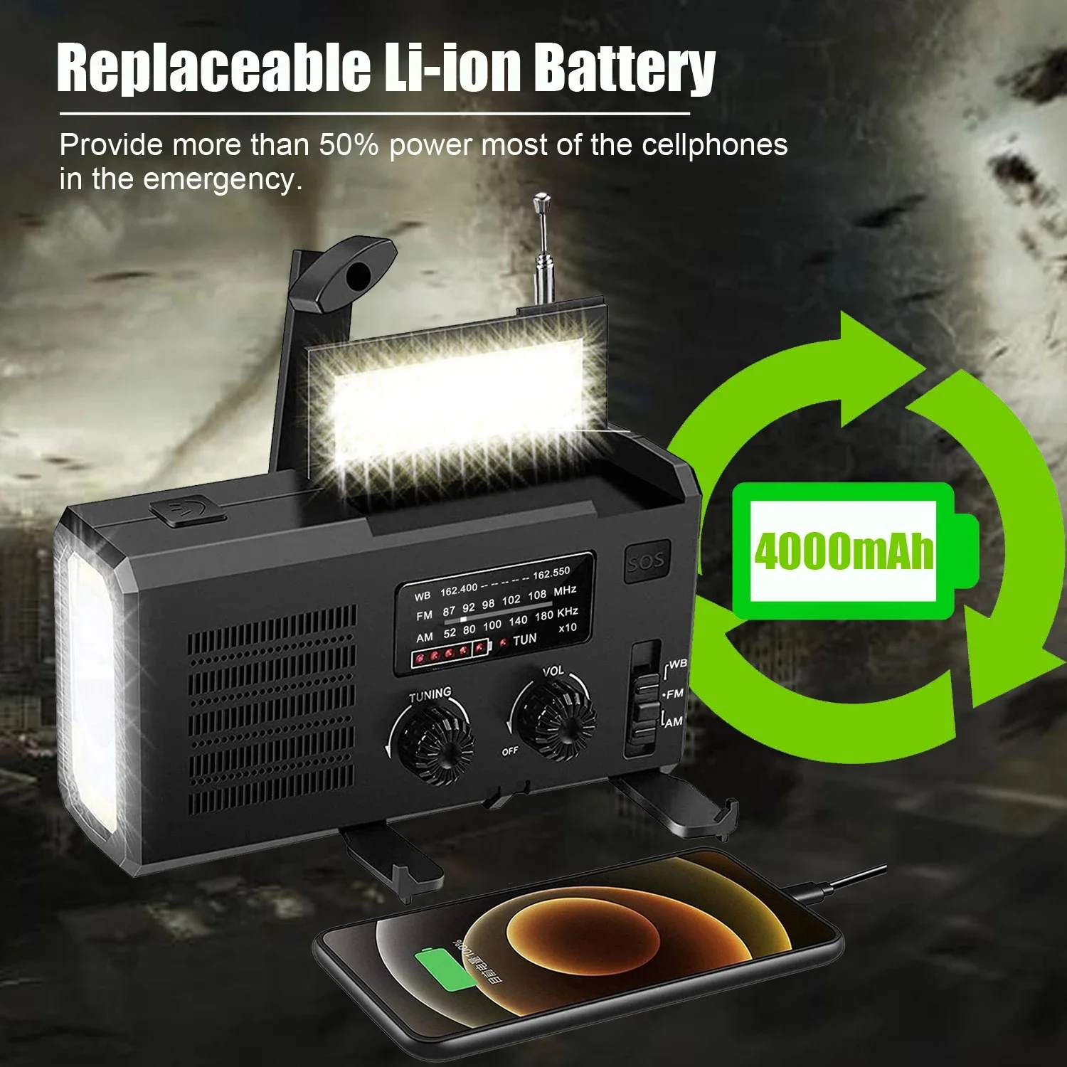 

4000mAh bank multi flashlight mobile phone charger emergency solar AM/FM radio manual crank generator charging generator