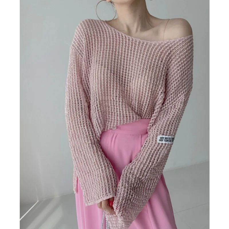 Korean Fashion Hollow See Through Sunscreen Knit Covers UpRound Neck Loose Casual Women Blouse Long Sleeve Simple Thin Shirts