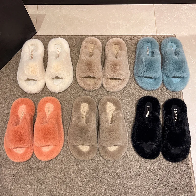 Indoor Women Fur Slippers Fluffy Soft Furry Slides Flats Non Slip House Shoes LadiesOpen Toe Footwear Ytmtloy Zapatillas Mujer