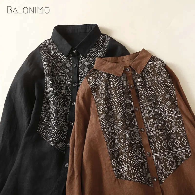 

Spring New Cotton Linen Shirts Womens Art Style Retro Patchwork Design Print Top Long Sleeve Casual Loose Blouse Womens Tops