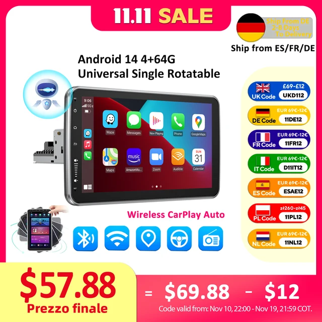 ESSGOO Android 14 10.1 Inch Universal Single Rotatable Car Radio Auto Carplay Multimedia Player GPS Navi Automotive Stereo