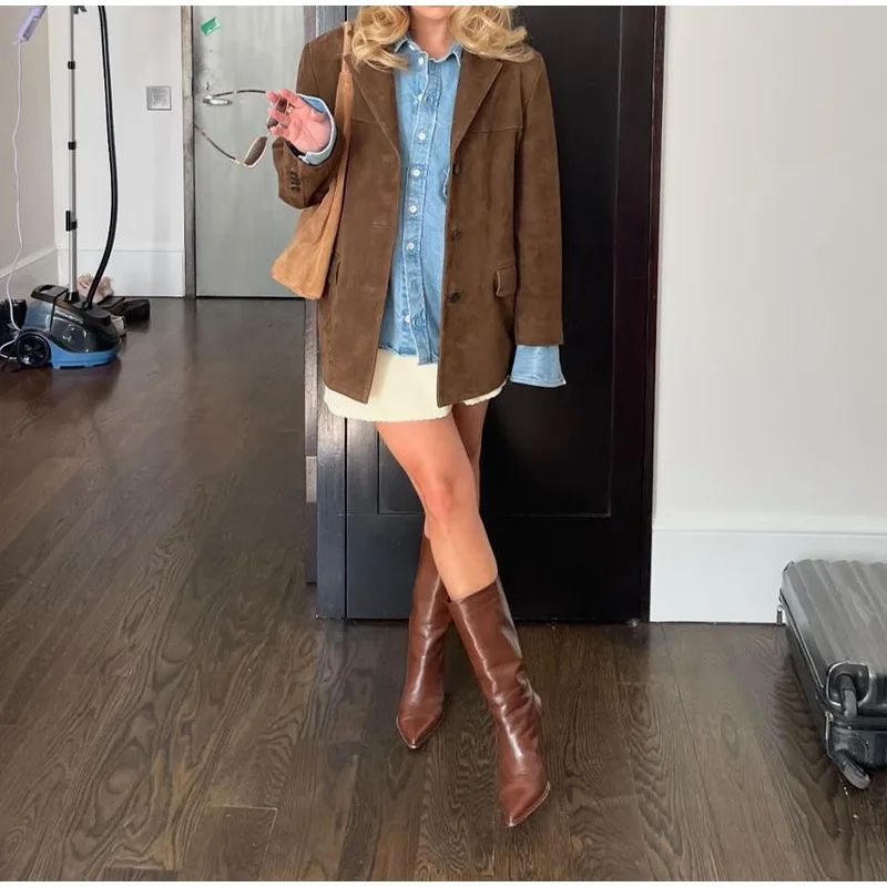 Vintage Fashion Pocket Jackets For Women Winter High Street Lapel Elegant Solid Commute Winter Outwear Ladies Coat