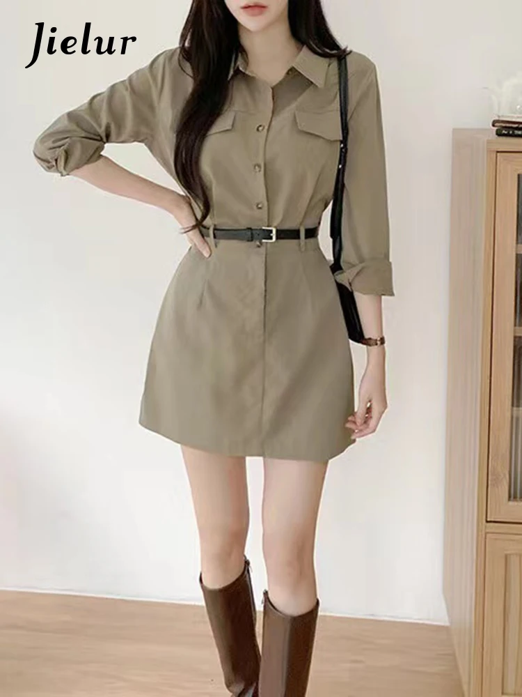 

Jielur Korean Chic Retro Women Dress Belt Solid Color Slim Woman Dress Khaki Black Gray Fashion Street Simple Dresses Female