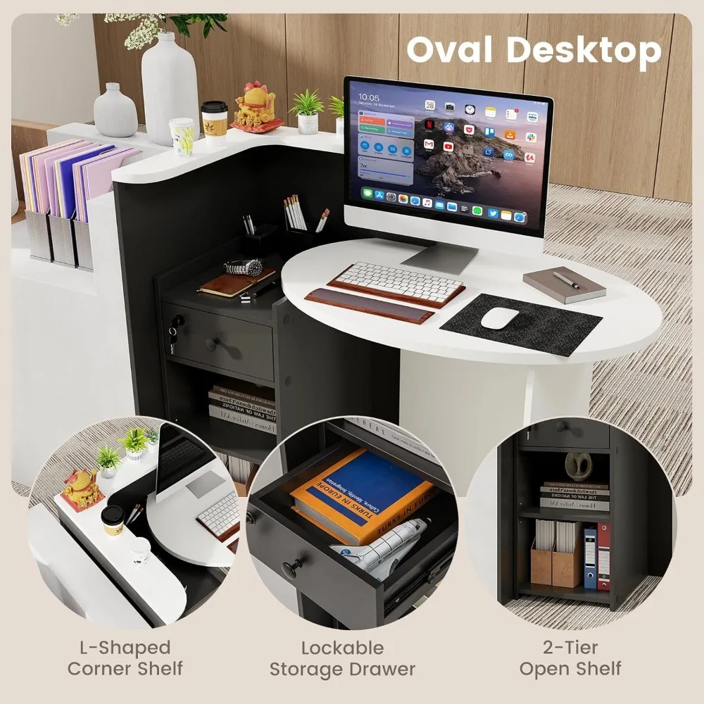 Reception Desk, Small Retail Checkout Counter with Lockable Drawer and Open Shelves, Wooden Computer Workstation for Home Office