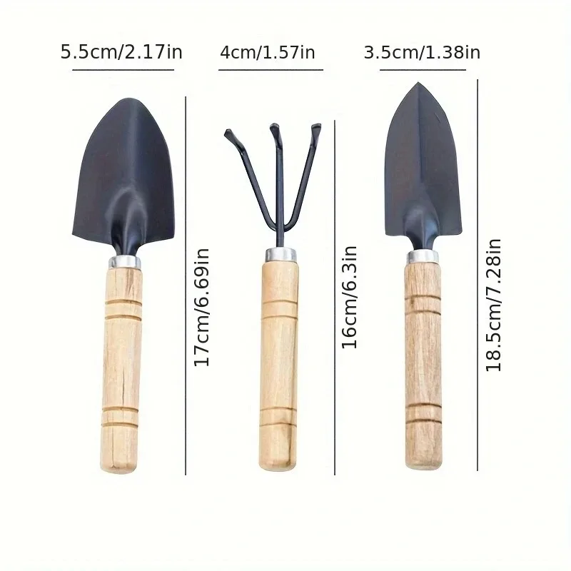 Compact Wooden-Handled Gardening Tool Set - 3-Piece Shovel and Rake Kit for Potting and Plant Care