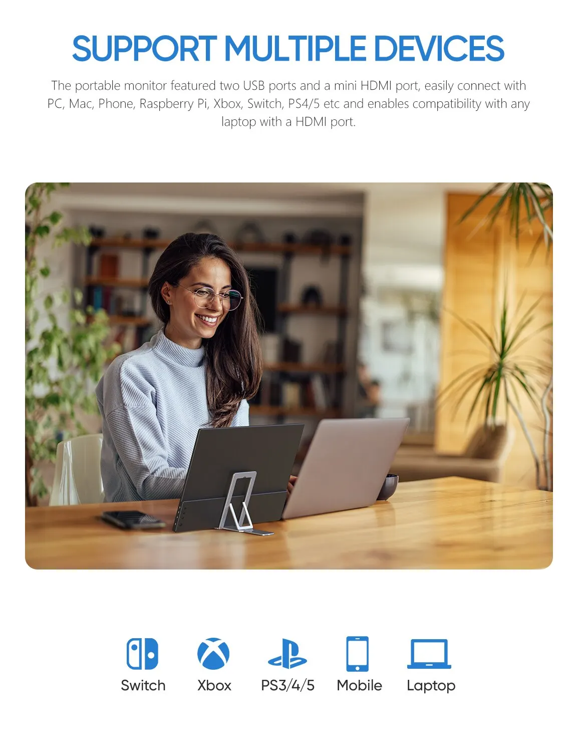 Фото Arzopa 15,6-дюймовый портативный монитор FHD 1080P IPS USB-C Mini-HDMI Внешний второй экран для Mac ноутбука ПК Android переключатель Xbox PS4/5 №4