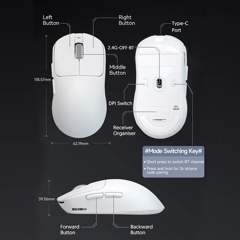SEJISHI AJ199 MAX 26000dpi PAW 3395 2.4Ghz BT5.2 Wireless Mouse 3-Mode Optical Micewith USB Receiver Gamer 6 ButtonsMouse For PC