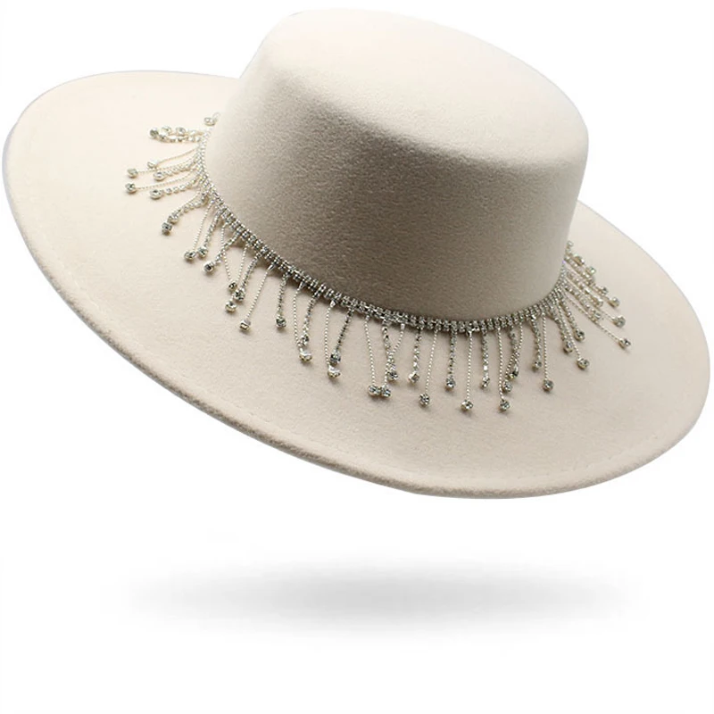 

New French Women's Hat Big Wide Brim 10CM Fedora Hat Winter Wool Derby Wedding Jazz Hats Flat Top Felt Hat