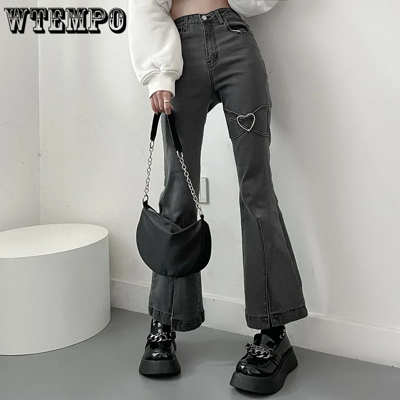 

Love Metal Jeans Women Vintage Black Denim Flare Pants Streetwear High Waist Slim Mom Trouser Harajuku Y2K 2000s E Girl Pant