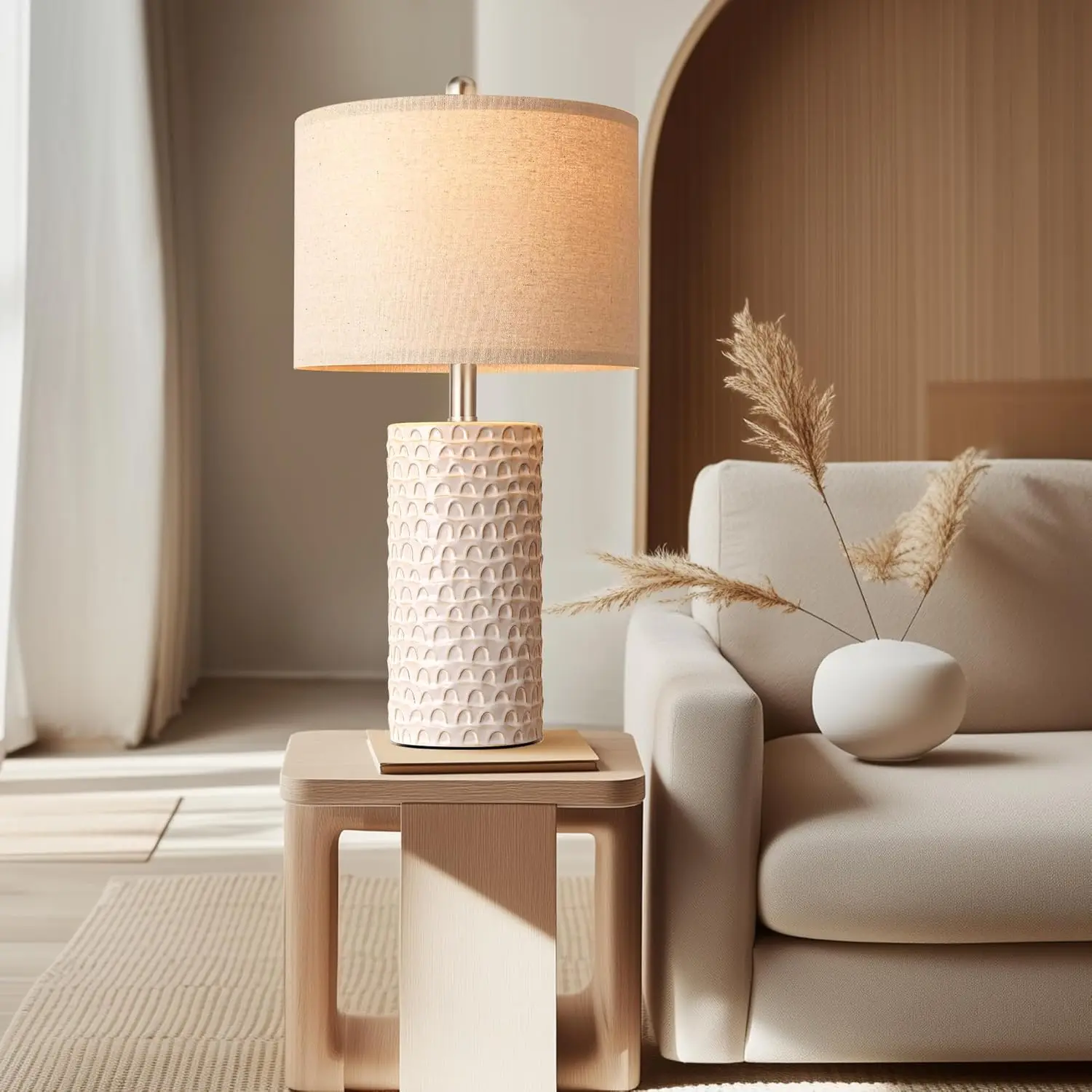 Living room setting with warm lamp light