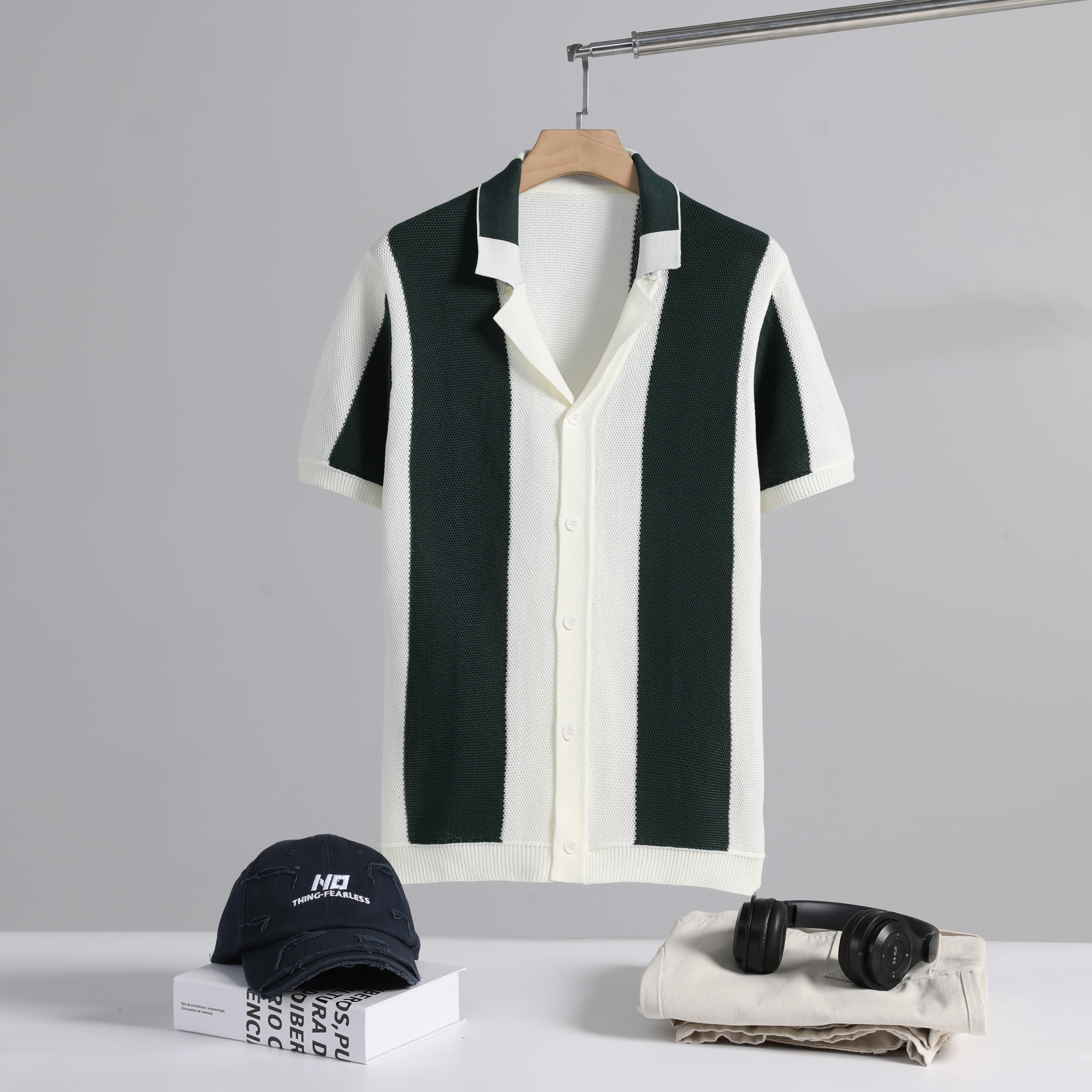 Men's Short Sleeve Summer Shirts Retro Knit Lapel Business Soft Light Casual Breathable Polo Knitwear Tops US Size 12