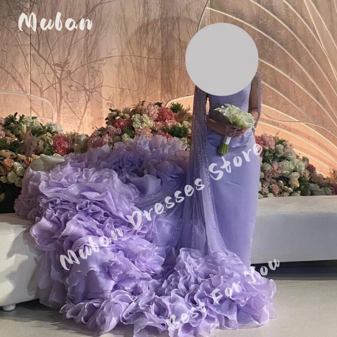 

Round Neck Lilac Evening Dresses Long Cape Sleeves Ruffles Tulle Gorgeous Arabia Wedding Prom Dress Formal Occasion Gown