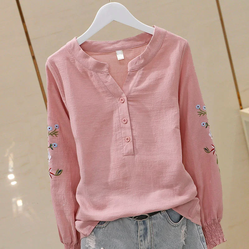 

Women Blouse Summer V-neck Lantern Sleeve Shirt Pullover Long Sleeve Cotton Shirt Embroidered Top for Women Blusas Ropa De Mujer