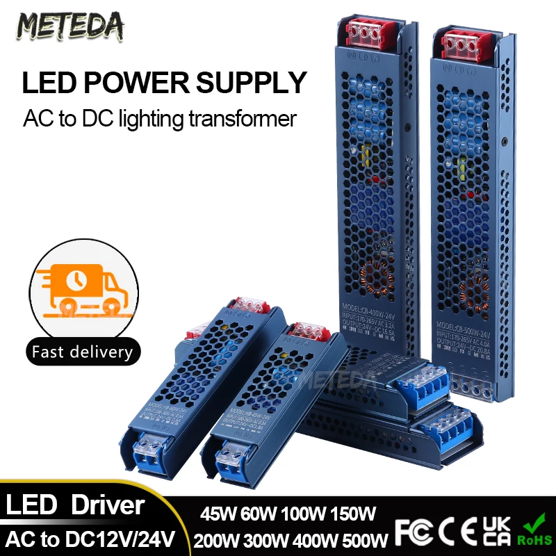 Светодиодный ultra-тонкое освещение AC100V-265V to к DC 12V 24V адаптер питания 60W 100W 200W 300W 400W 500W импульсный источник питания